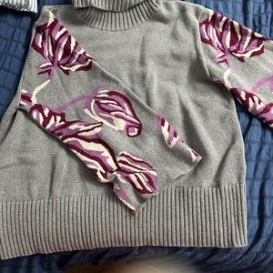 CAbi Gray and Purple Floral Turtleneck Sweater